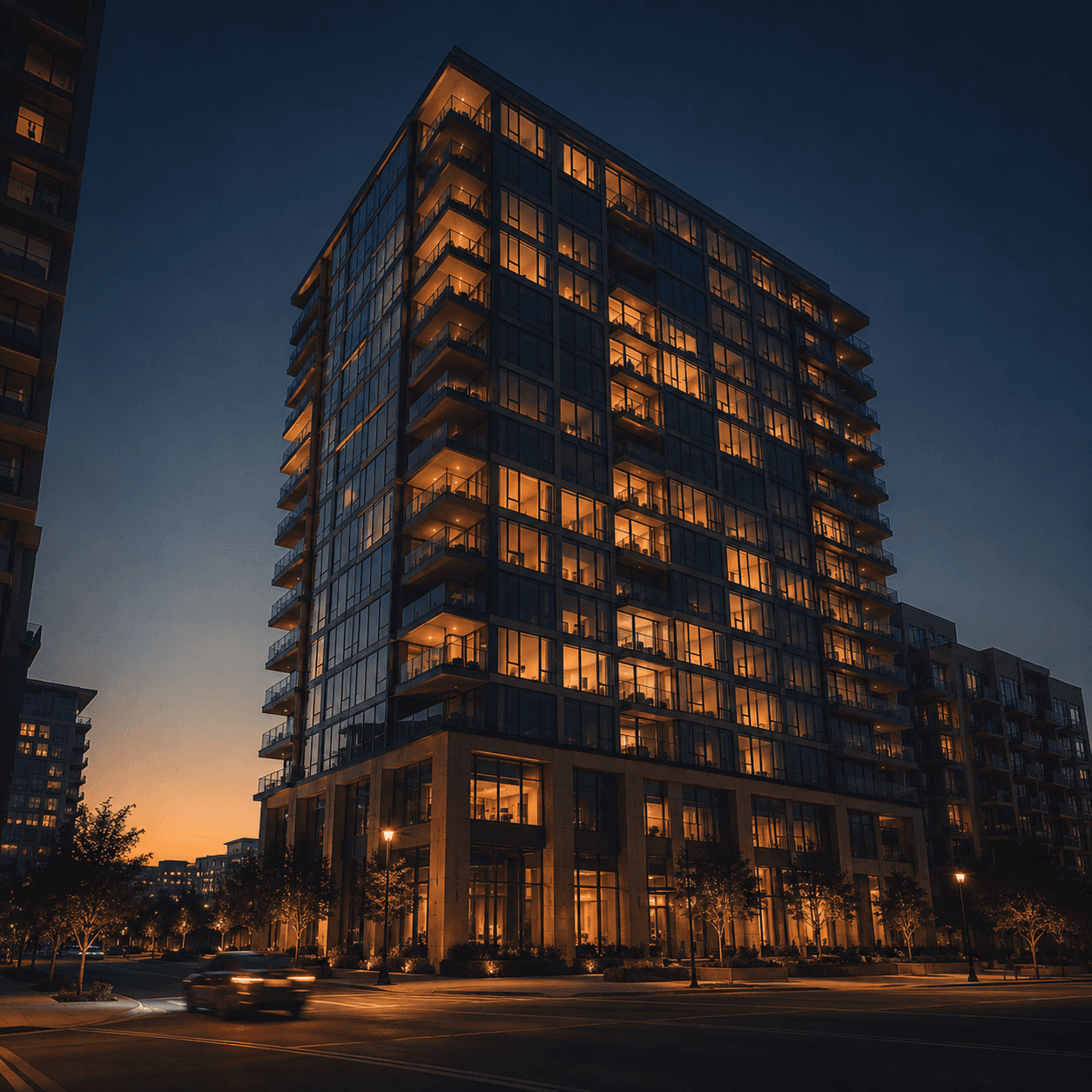 Urban downtown condo building at dusk